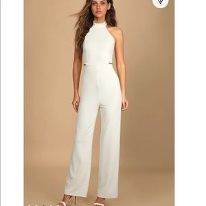 Lulu's Only the Allure White Halter Cutout Wide-Leg Jumpsuit